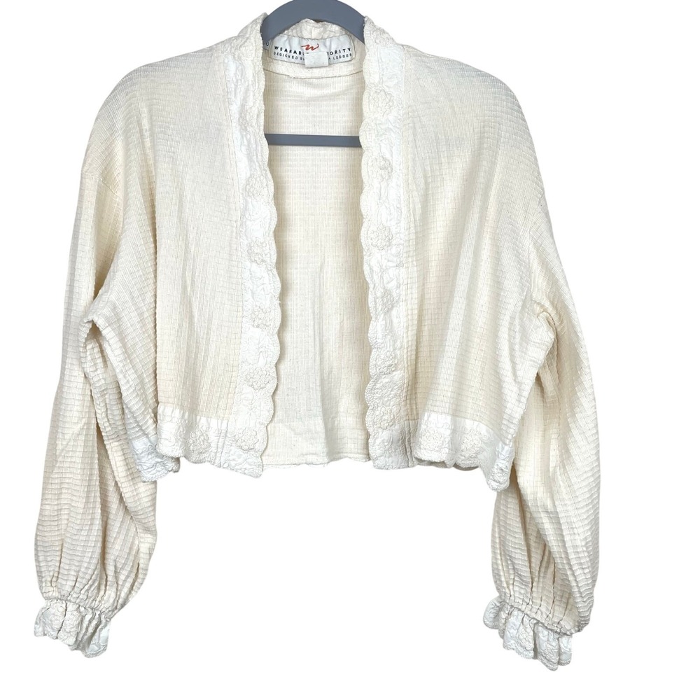 Barbara Lesser Cardigan Top Sz M %100 Organic Cotton Cottage Lace Cream Boho